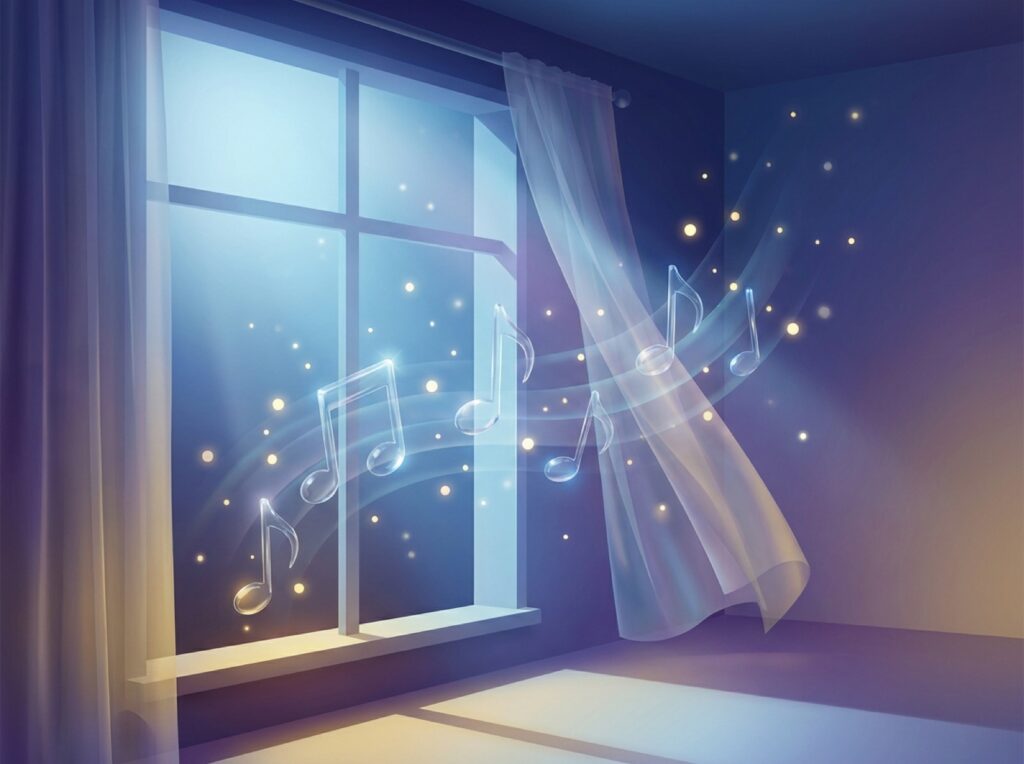 秋の夜の窓辺に、澄んだ高い声を思わせる光の粒や音符がやわらかく舞う抽象的なイラスト
