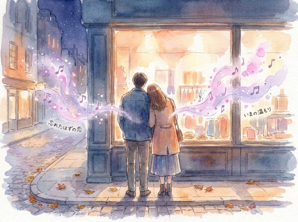 夜の街角で彼の肩に寄りかかる女性の後ろ姿と、漂う香りや音符を描いた水彩イラスト。