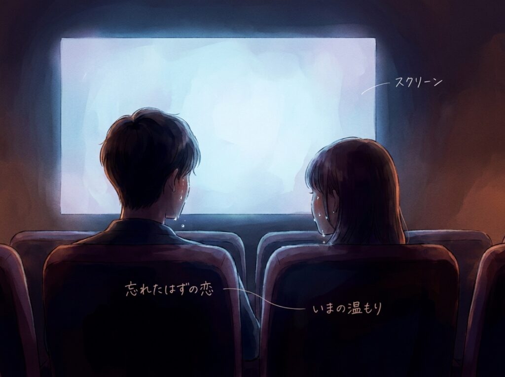 映画館で並んで座り、同じラストシーンを見つめる二人のシルエット。