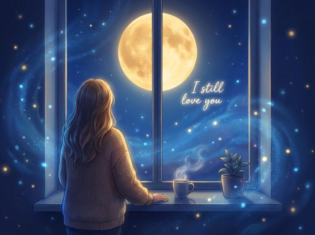 月明かりの窓辺にひとり佇む女性の後ろ姿と、小さな「I still love you」の文字。