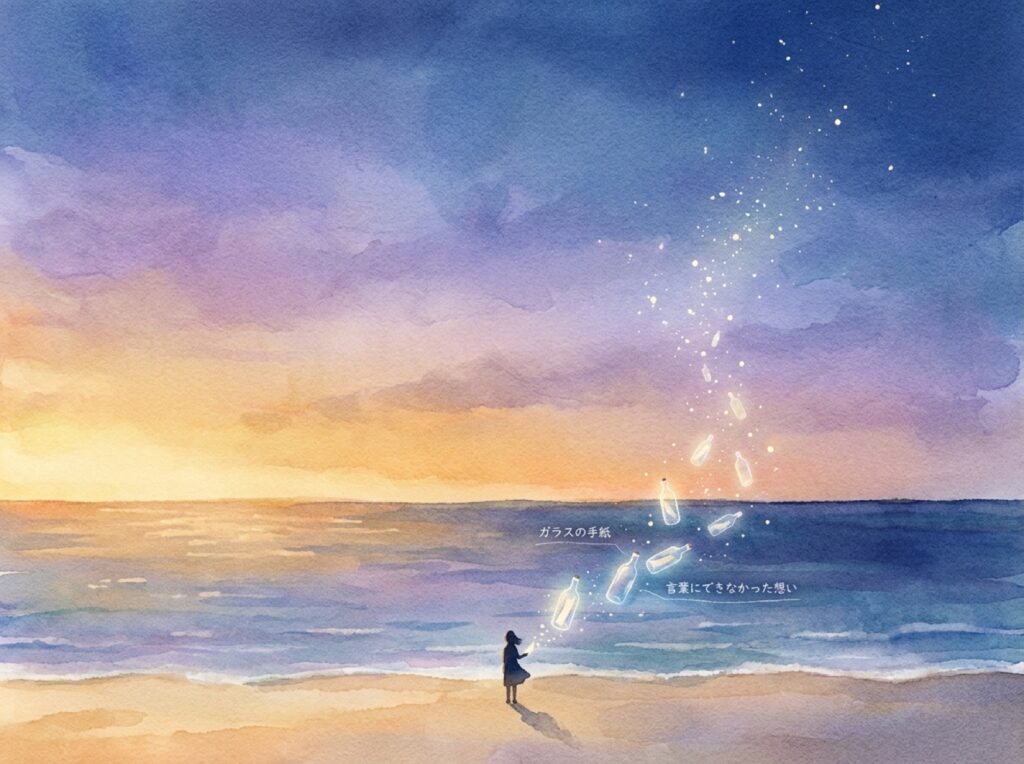 夕焼けの海と空の広さの中に、小さな人影がひとり立っている情景のイラスト
